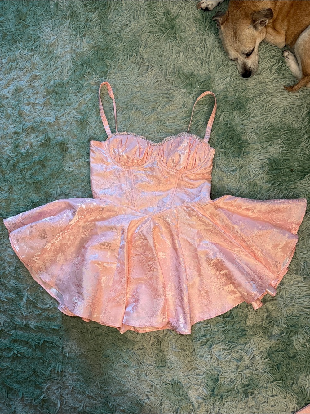 Pink Floral Satin Party Dress with Spaghetti Straps